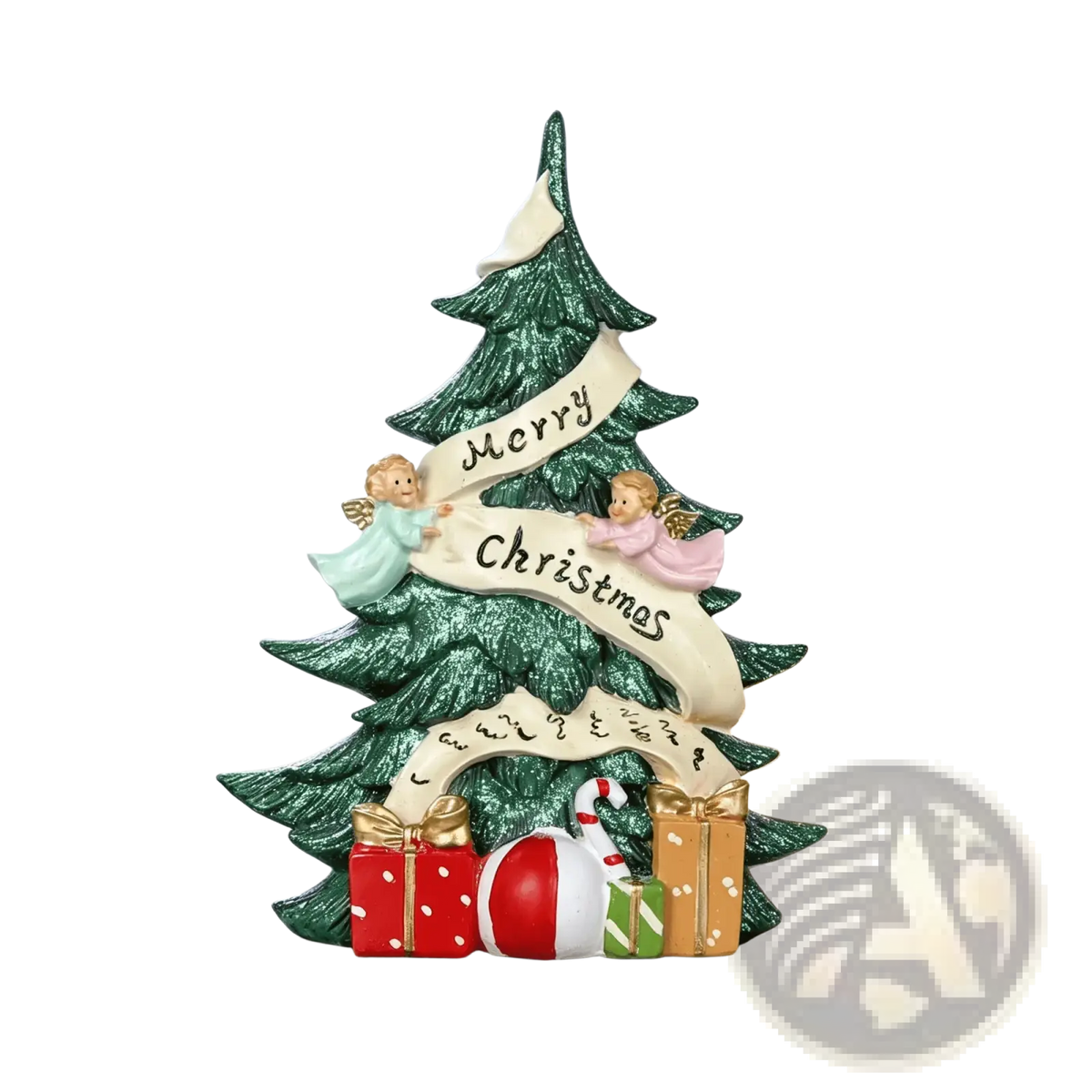 Green glittery resin christmas tree figurine with two angels holding merry christmas banner and gifts at base