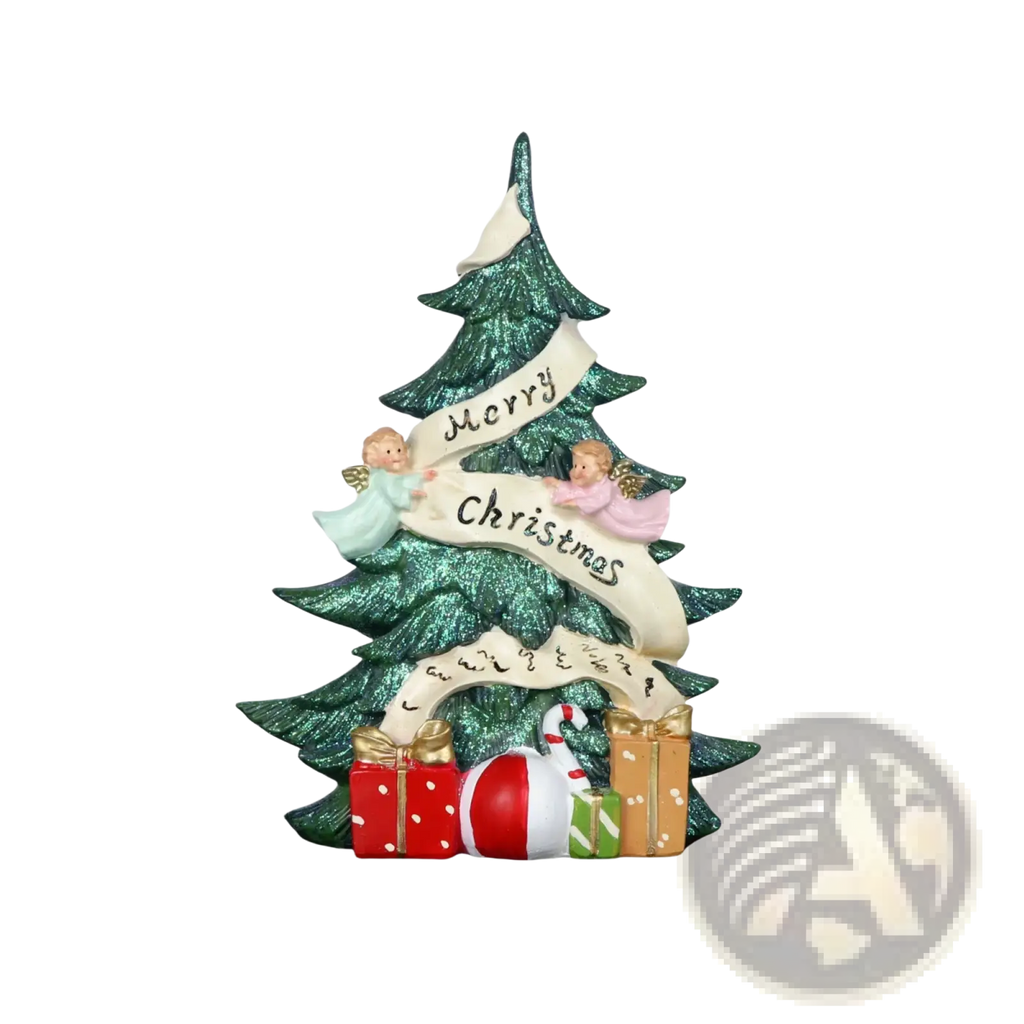 Green glittery resin angel christmas tree figurine with two angels holding merry christmas banner and gifts at base