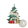 Green glittery resin angel christmas tree figurine with two angels holding merry christmas banner and gifts at base