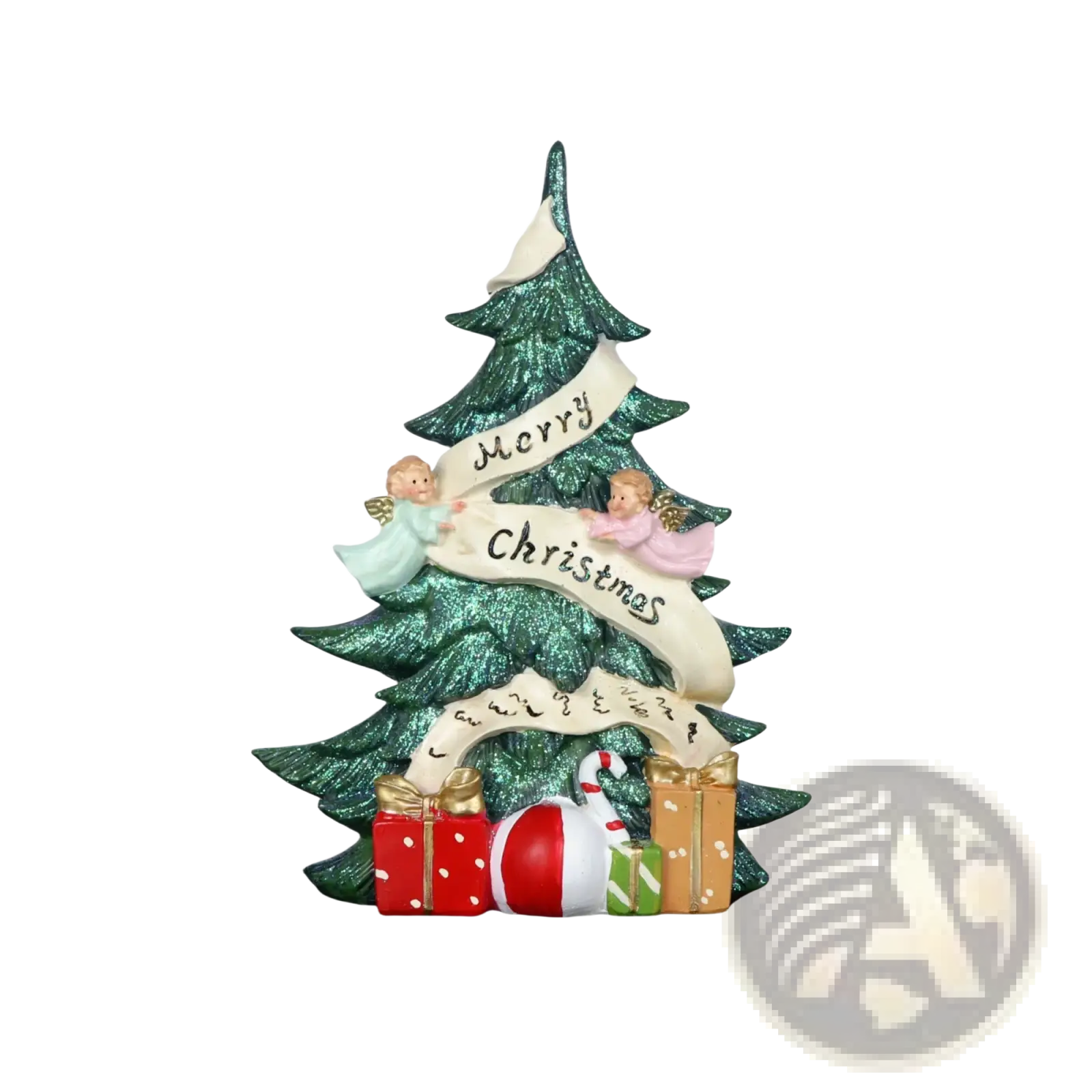 Green glittery resin angel christmas tree figurine with two angels holding merry christmas banner and gifts at base