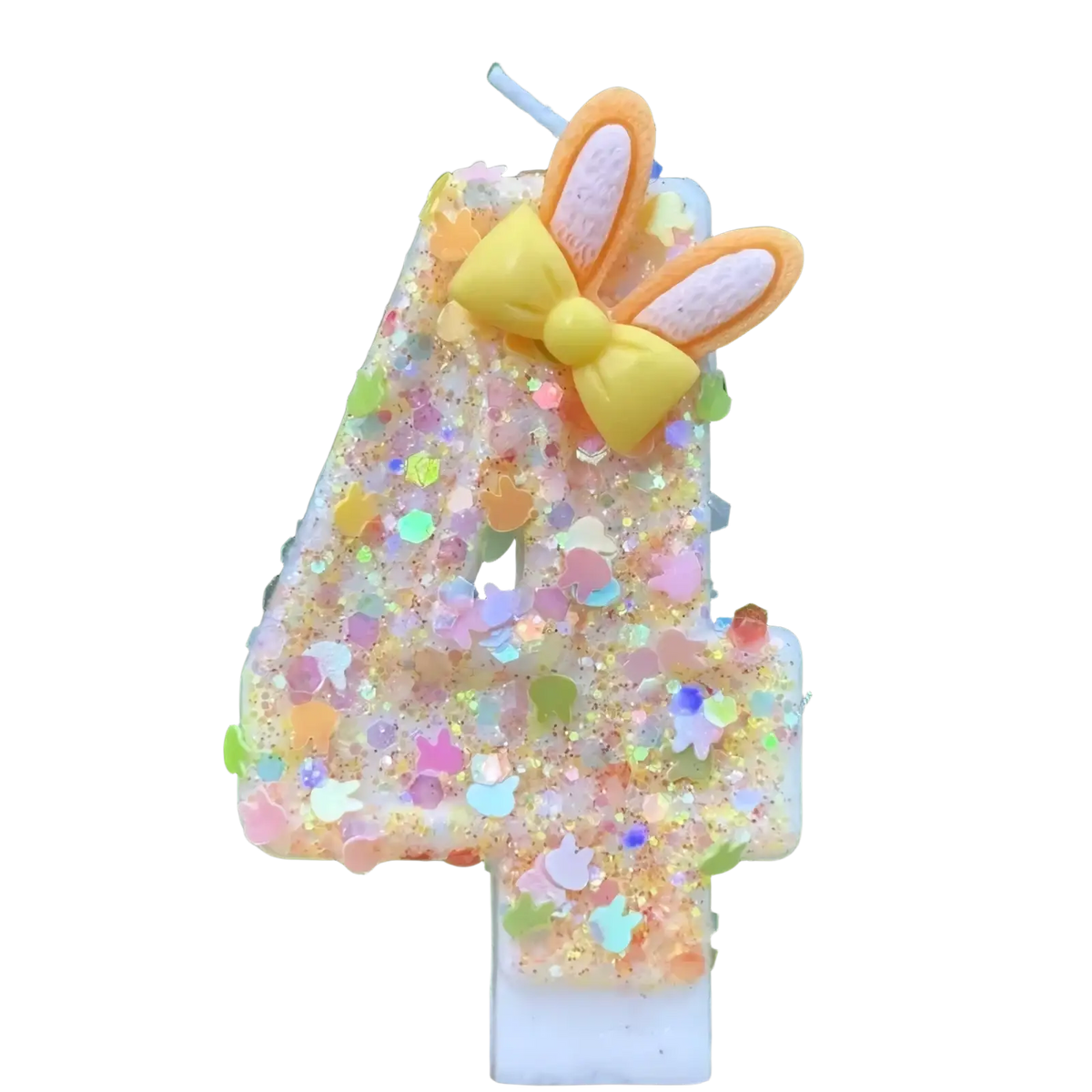 A glittery number four birthday candle with pastel confetti, yellow bow, and orange bunny ears for festive decor