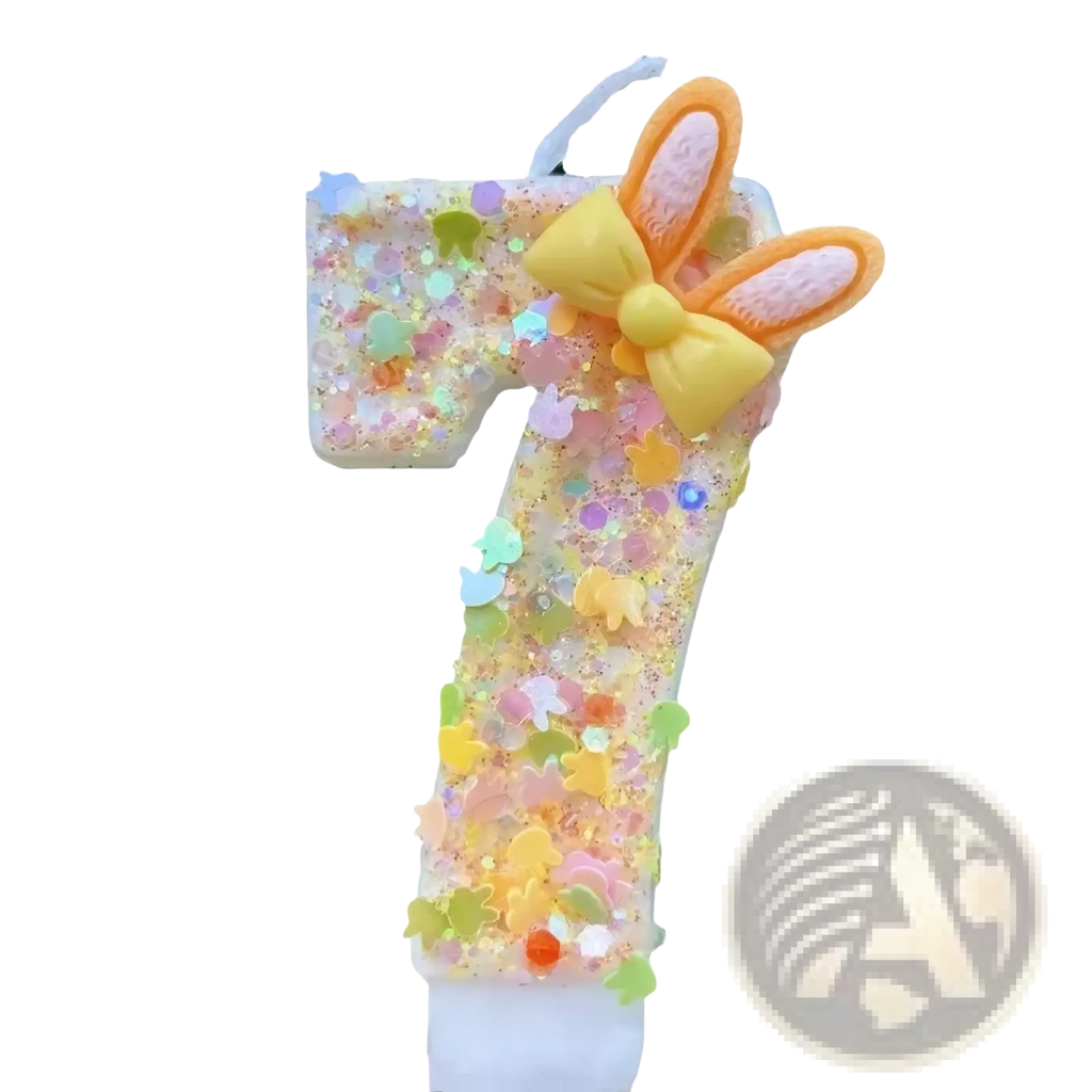 Pastel-colored number seven birthday candle with glitter bunny ears and a yellow bow for celebrations
