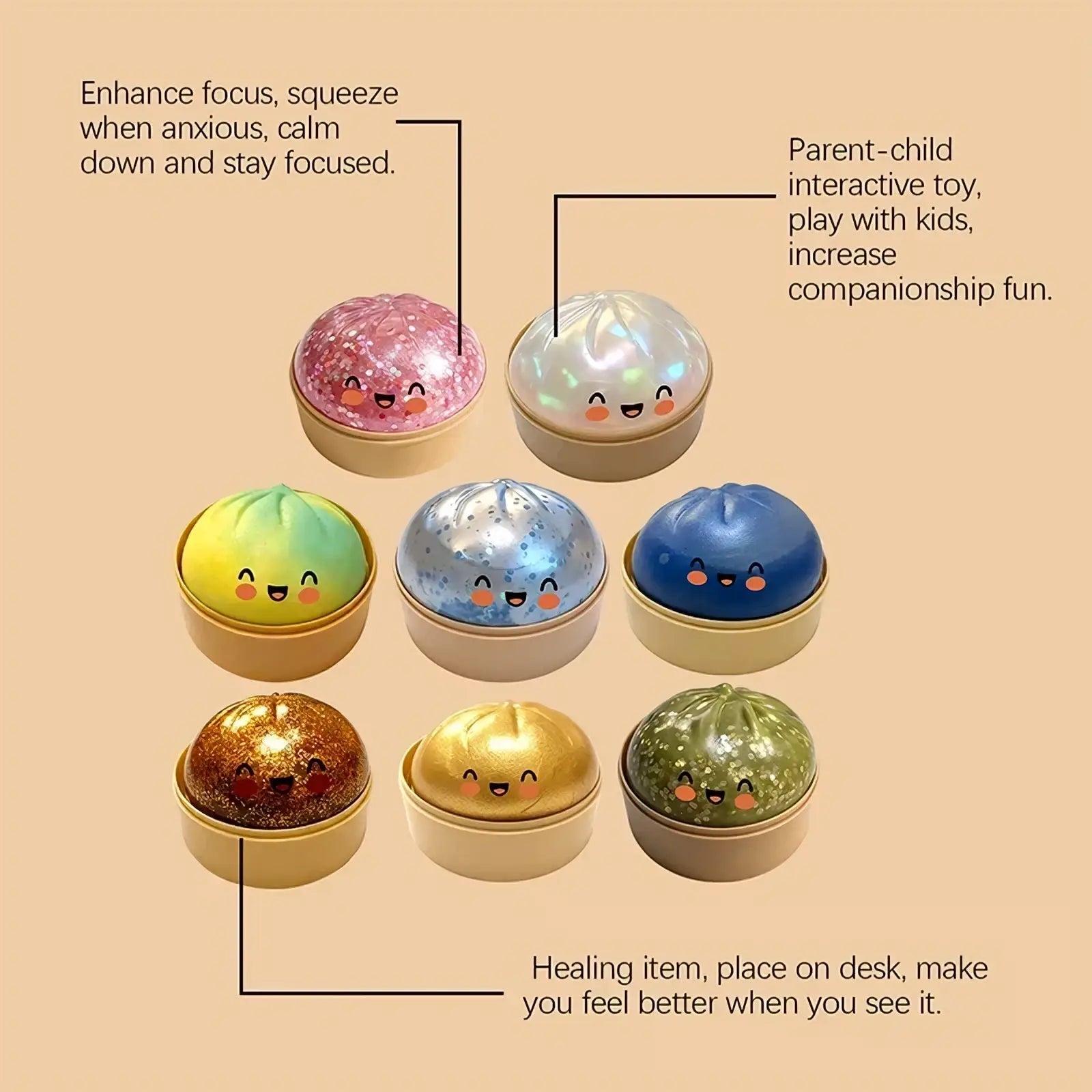 Glitter dumpling stress ball slow rebound toy with colorful glittery smiling faces and soft squishy texture