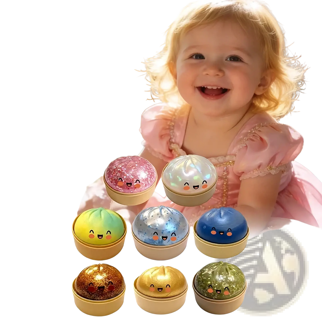 Colorful glitter dumpling stress ball slow rebound toy with round shape, cute smiling faces, and soft glowing interiors