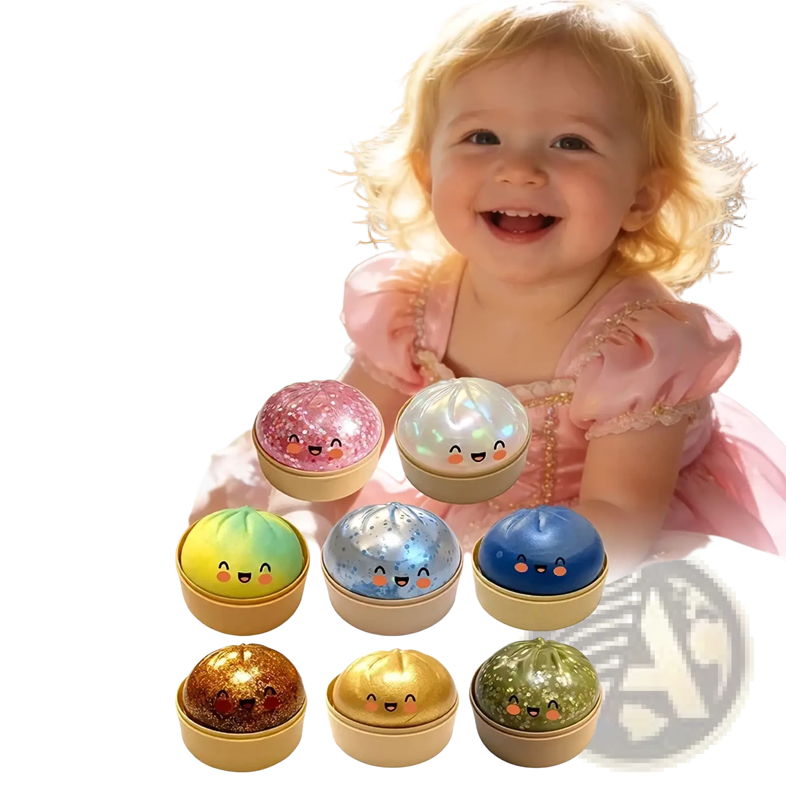 Colorful glitter dumpling stress ball slow rebound toy with round shape, cute smiling faces, and soft glowing interiors