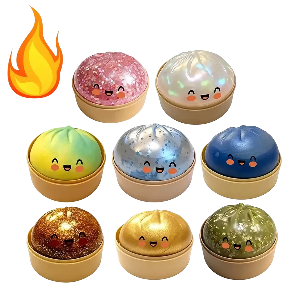 Colorful glitter dumpling stress balls slow rebound toy in pink blue green and gold for stress relief and sensory play