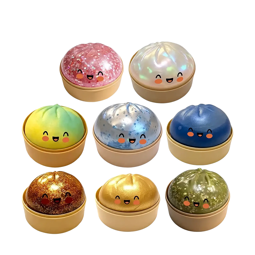 Colorful glitter dumpling stress ball set of eight made of slow rebound material for stress relief and sensory play
