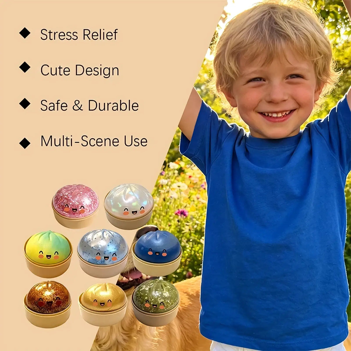 Glitter dumpling stress ball slow rebound toy featuring cute round shapes with smiling faces and glittery interiors in various colors