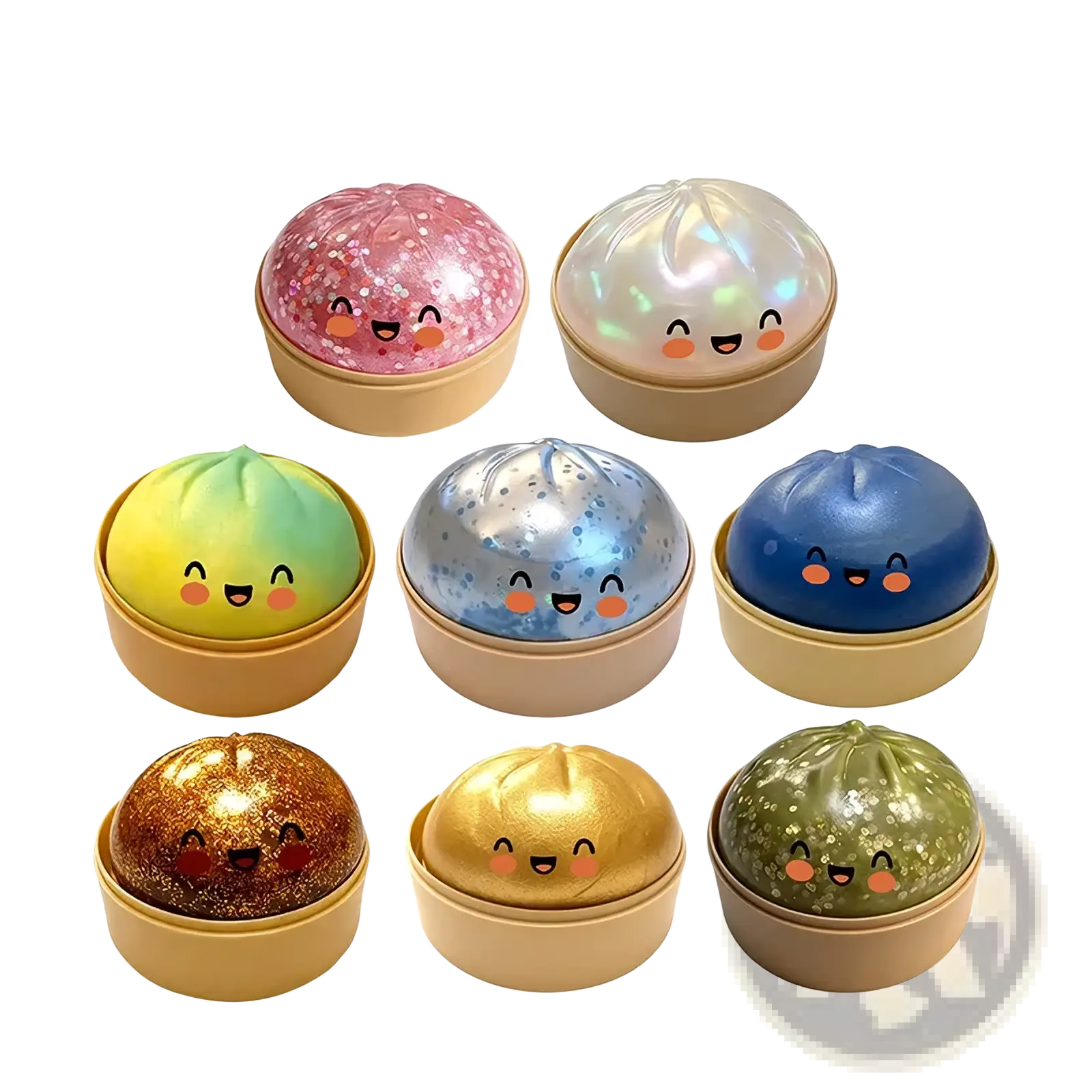 Colorful glitter dumpling stress ball set of eight made of slow rebound material for stress relief and sensory play