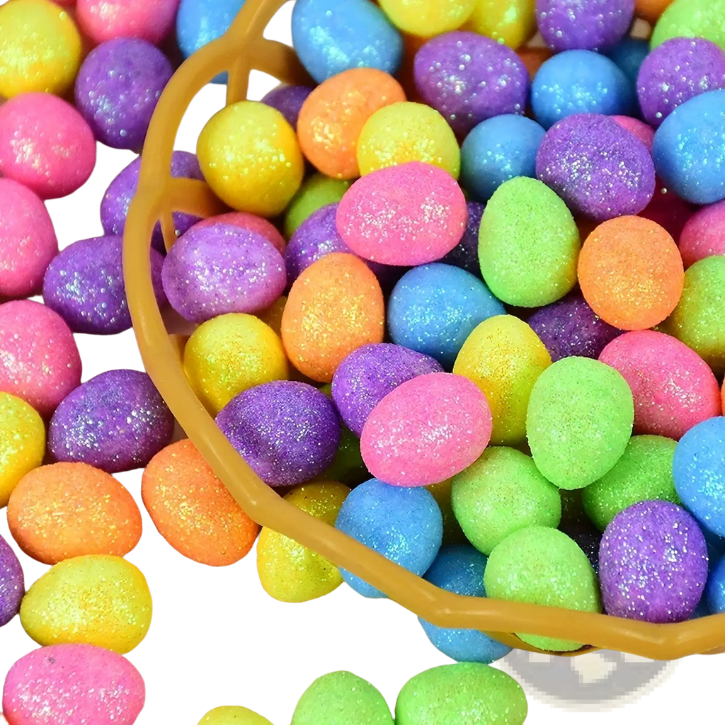 A basket of colorful glitter easter foam eggs in pink purple blue green and orange for diy party decor