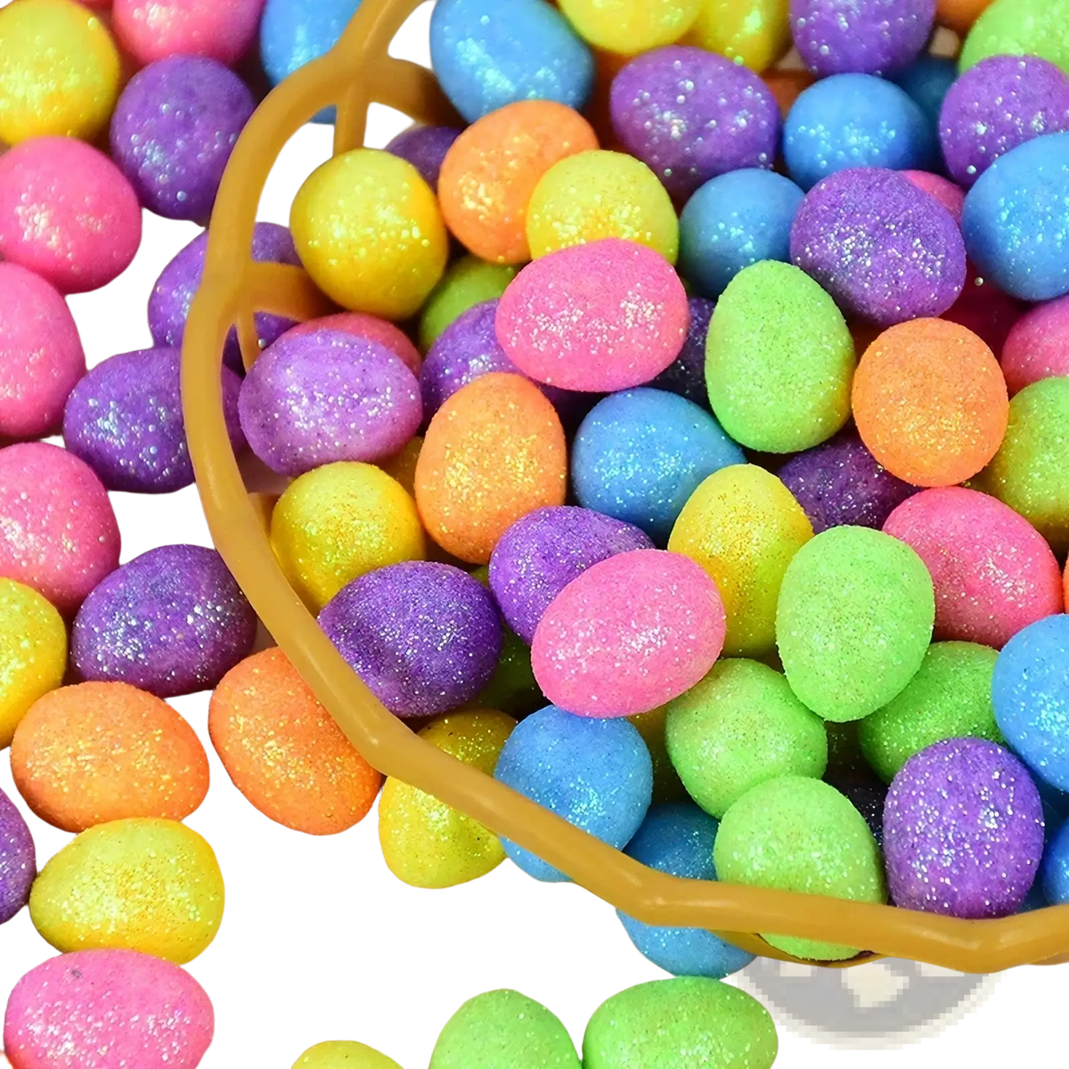 A basket of colorful glitter easter foam eggs in pink purple blue green and orange for diy party decor