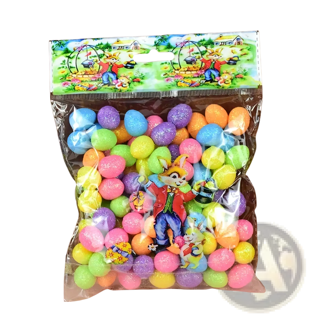 A colorful assortment of glittery pastel foam Easter eggs in pink blue green and purple for party decor diy
