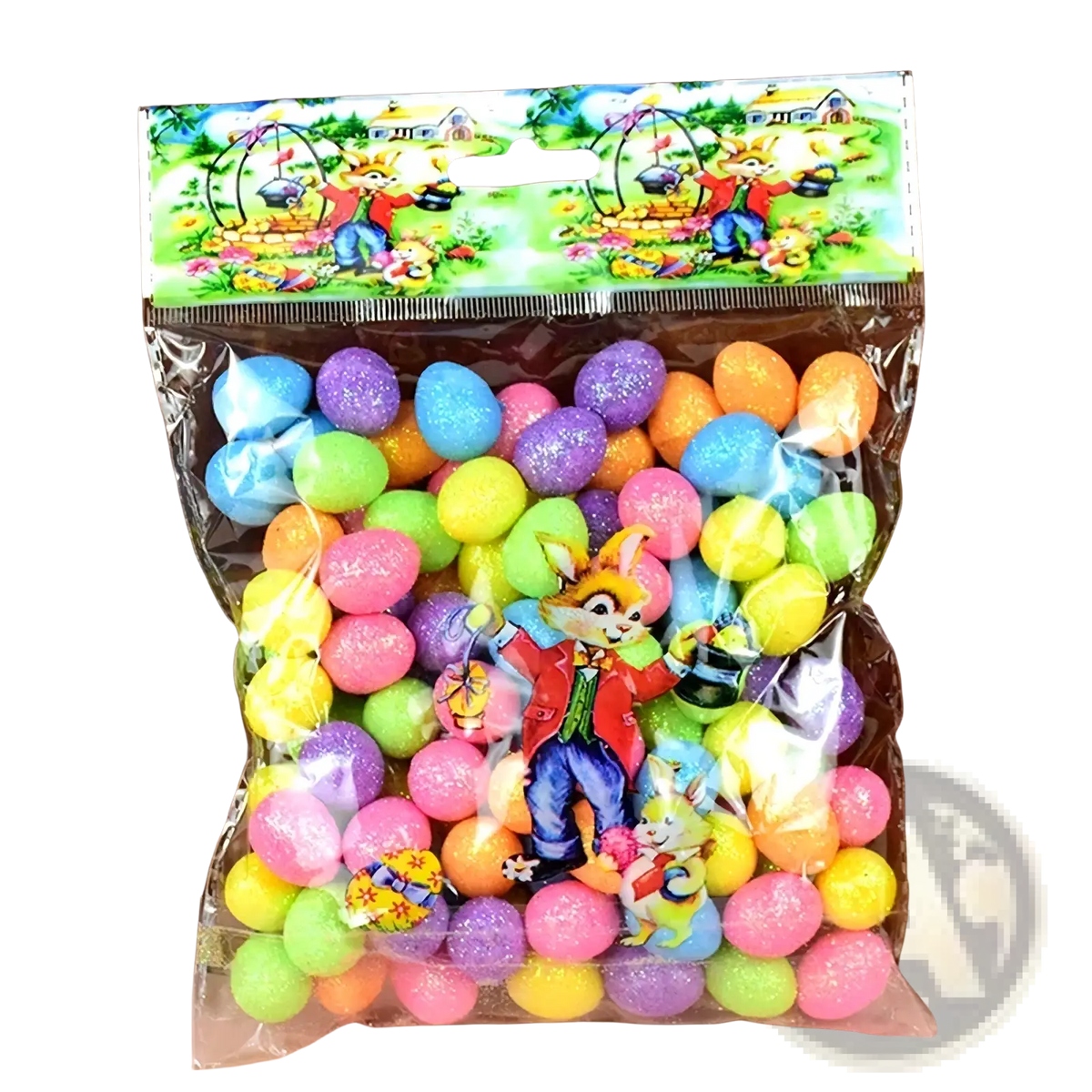 A colorful plastic easter egg bag filled with glittery multicolored foam eggs for diy party decor 80 pcs