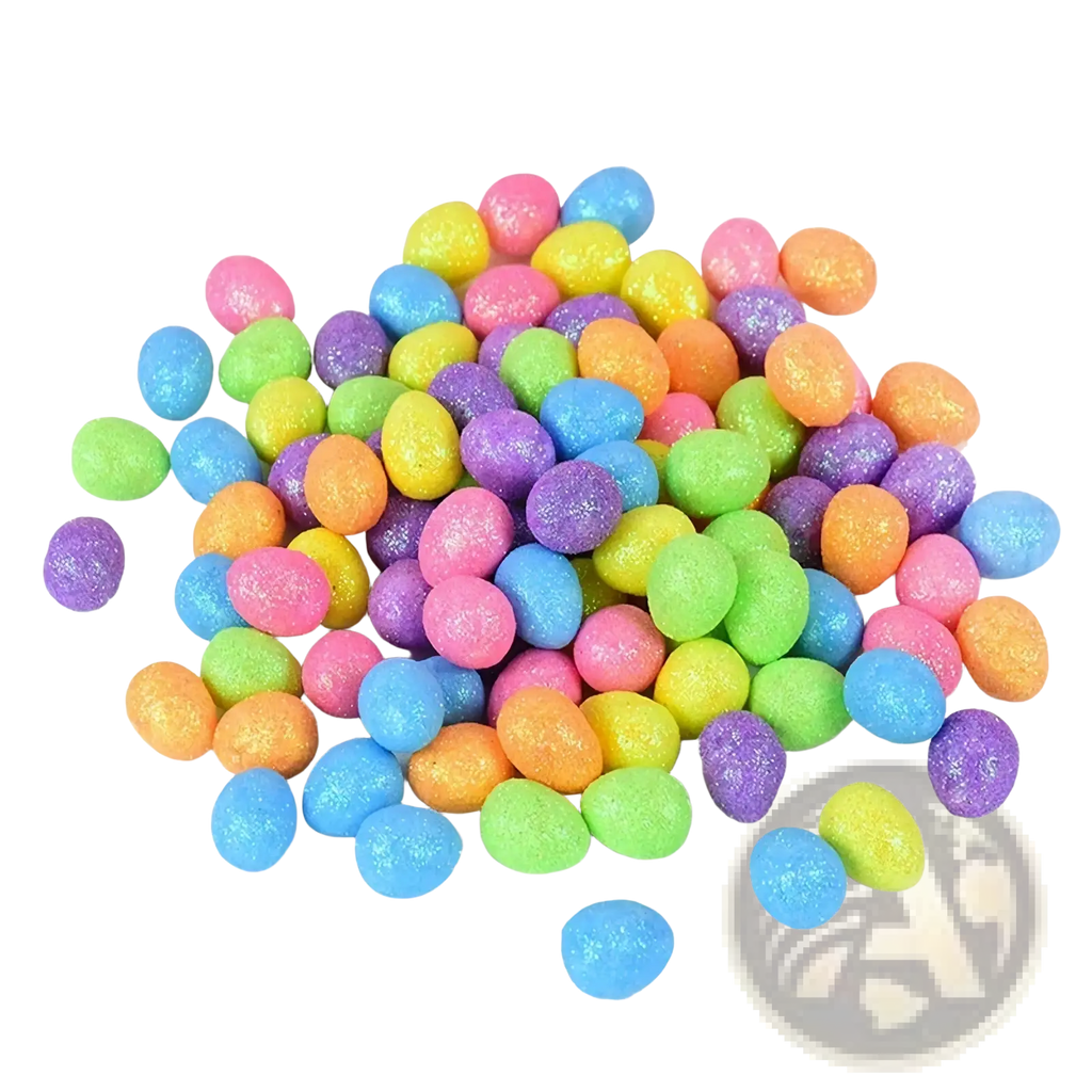 A pile of 80 colorful glitter foam easter eggs in assorted pastel shades for diy party decor