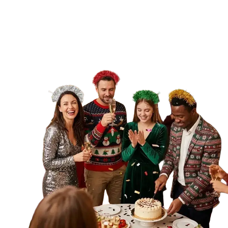 A festive cake being cut at a family gathering alongside glitter hair accessories plastic headband for celebration