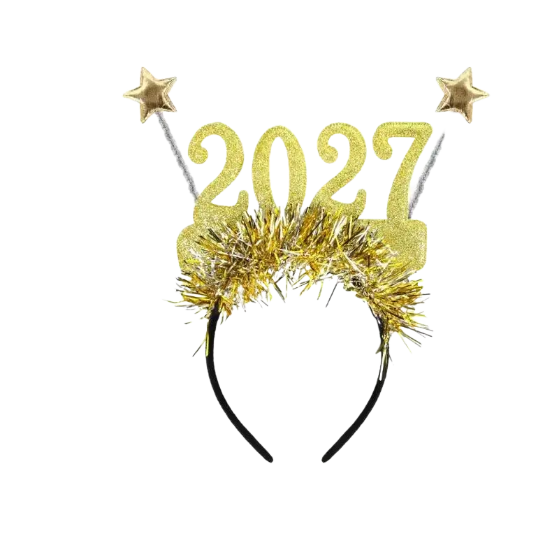 Gold glitter 2027 plastic headband with star-tipped antennae and tinsel fringe hair accessories for family gatherings