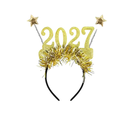 Gold glitter 2027 plastic headband with star-tipped antennae and tinsel fringe hair accessories for family gatherings