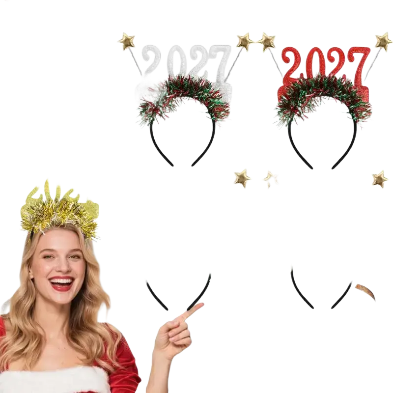Shiny metallic 2027 plastic headband with festive tinsel and gold stars for family gatherings hair accessories