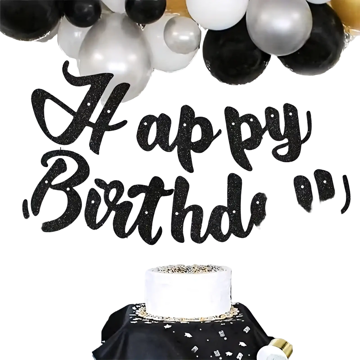 Black glitter happy birthday banner in cursive font for party bunting decoration with sparkling finish