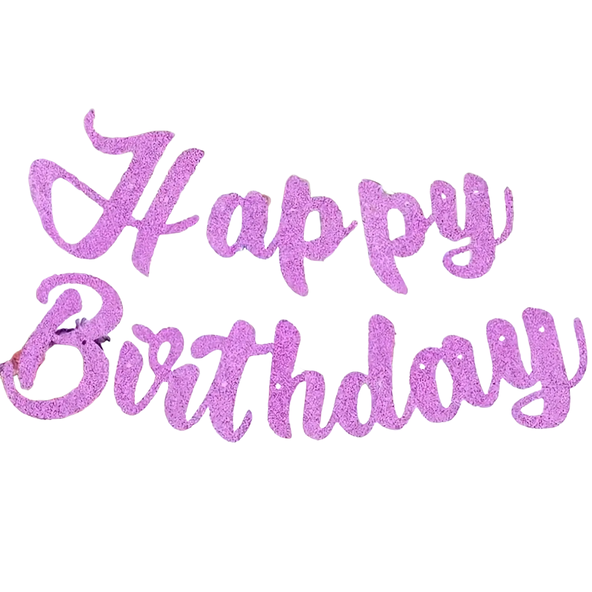 A glitter happy birthday banner in glittery purple cursive font hanging as party bunting decoration