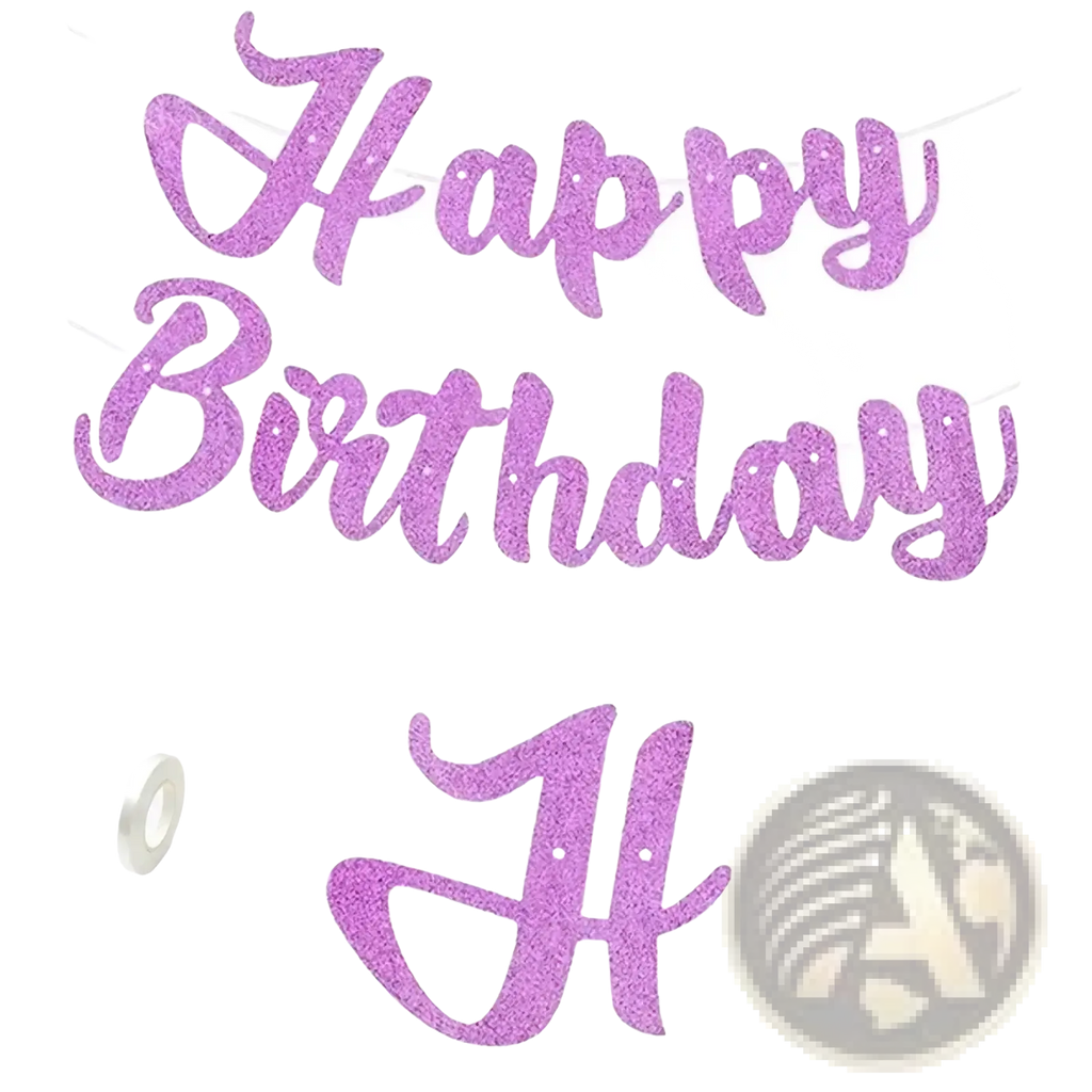 Purple glitter happy birthday banner party bunting decoration with matching initial h cutout for festive celebrations