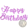 A glitter happy birthday banner in glittery purple cursive font hanging as party bunting decoration