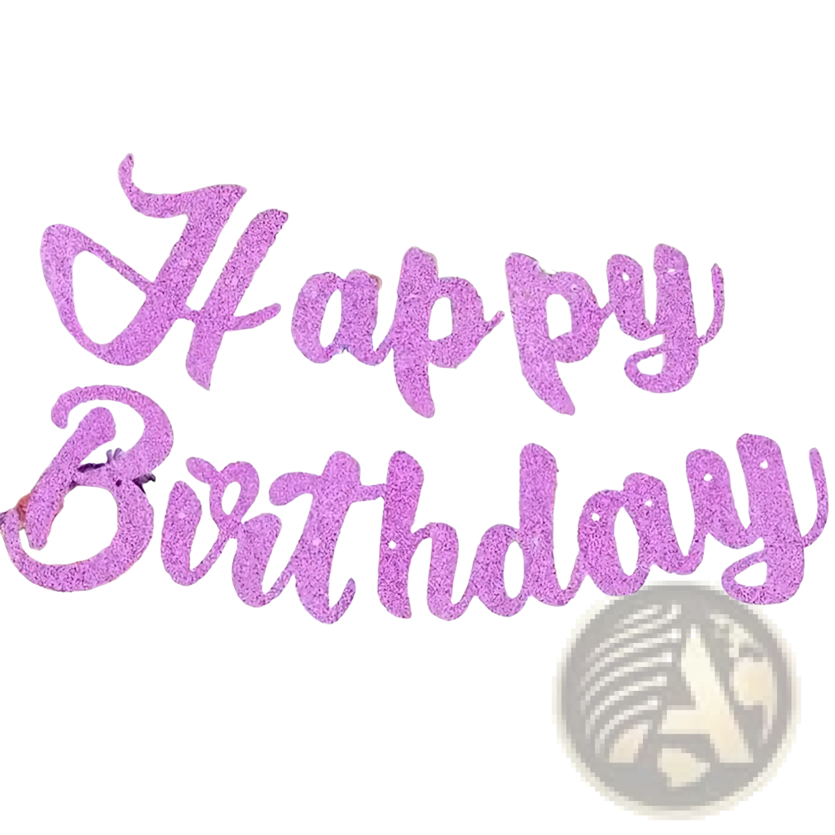 A glitter happy birthday banner in glittery purple cursive font hanging as party bunting decoration