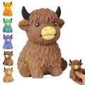 Brown textured highland cow slow rising squishy toy with black horns and yellow snout for stress relief
