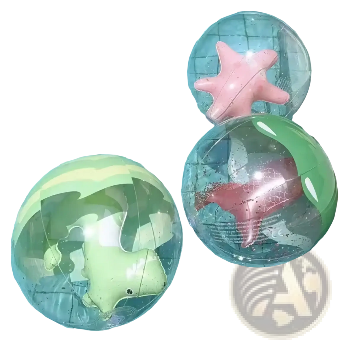 Glitter mermaid clear inflatable beach ball with colorful pink starfish and green sea creature decorations inside