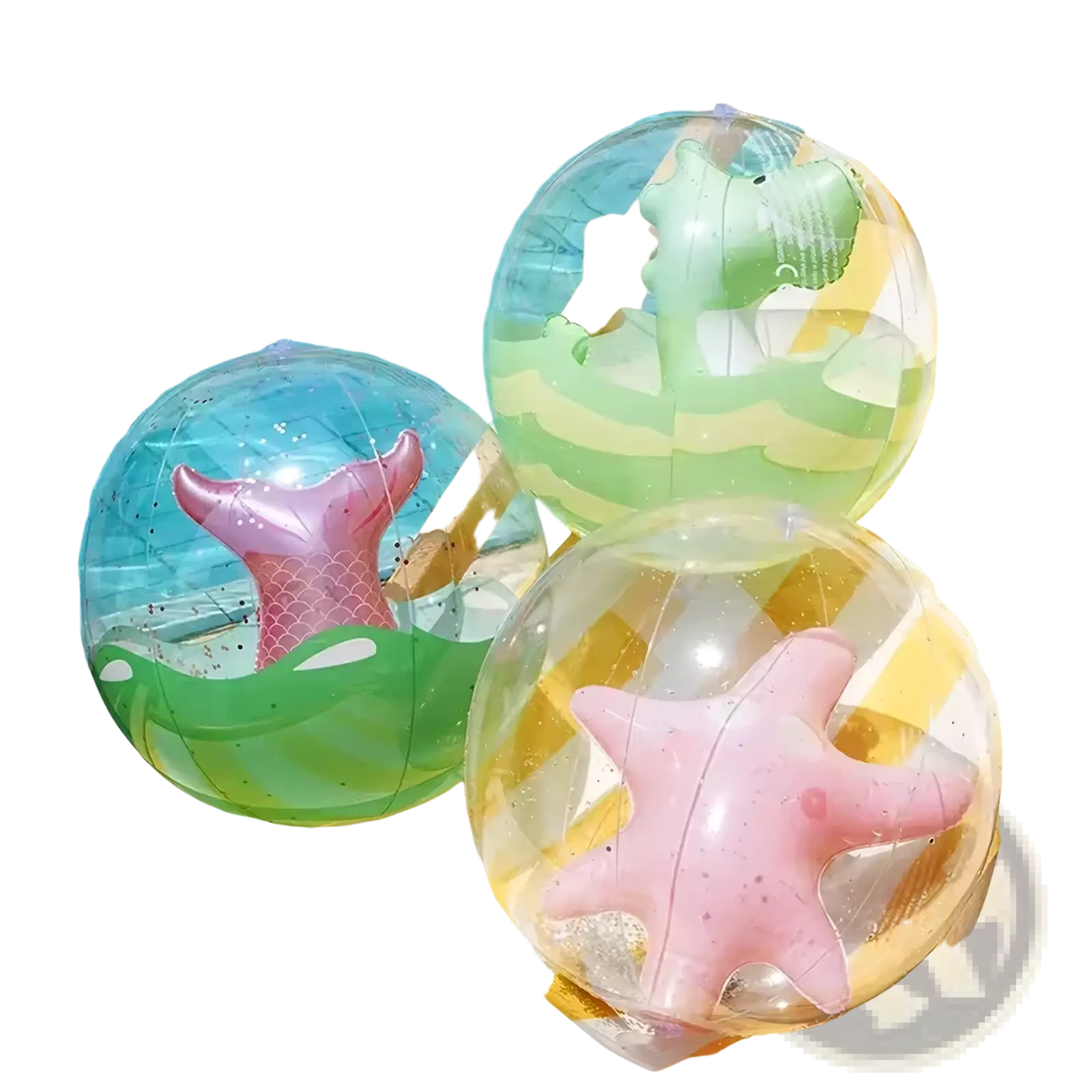 Clear inflatable beach balls with colorful whimsical sea creature designs including a pink mermaid tail and starfish