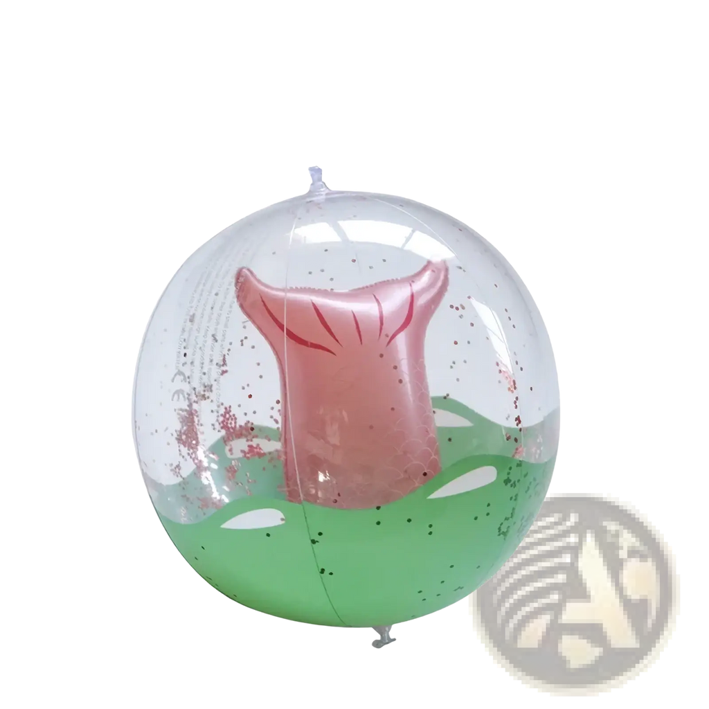 Clear inflatable beach ball with pink mermaid tail and green glittery water effect for beach use