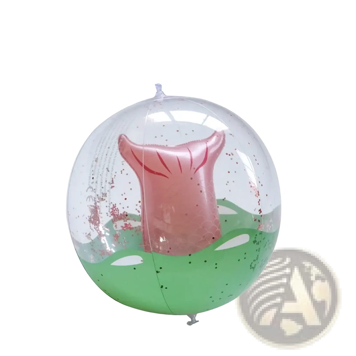 Clear inflatable beach ball with pink mermaid tail and green glittery water effect for beach use