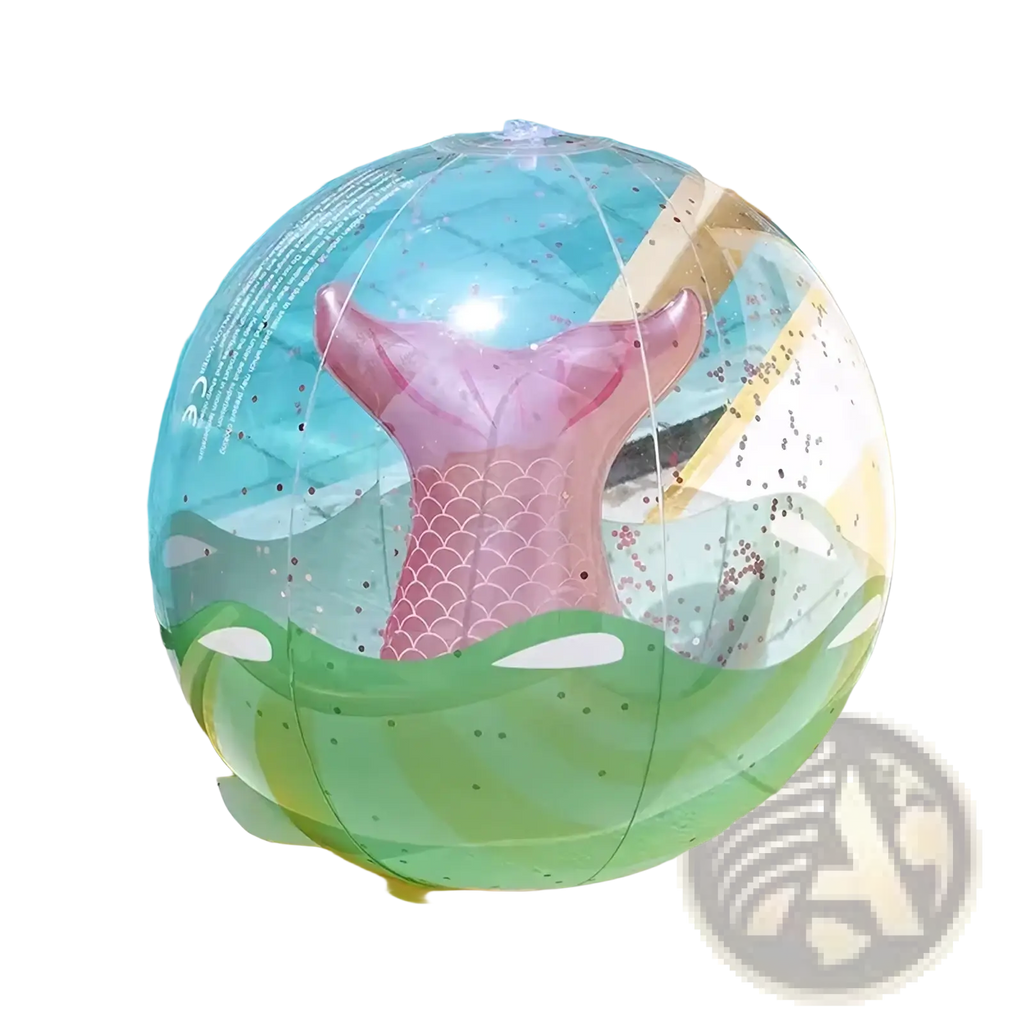 Clear inflatable beach ball featuring a pink mermaid tail with scalloped fins and glittery green water design