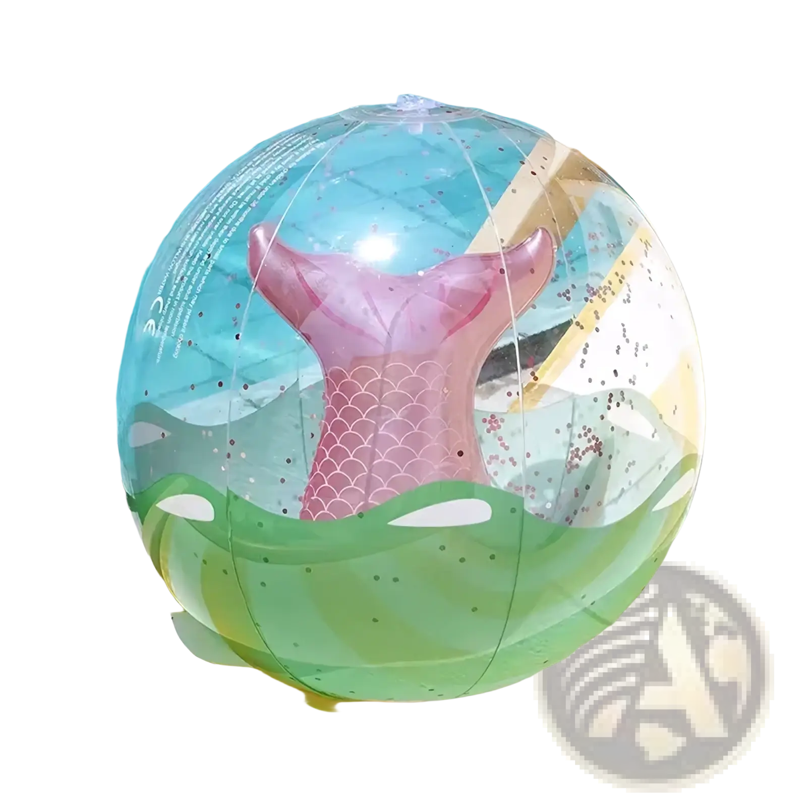 Clear inflatable beach ball featuring a pink mermaid tail with scalloped fins and glittery green water design
