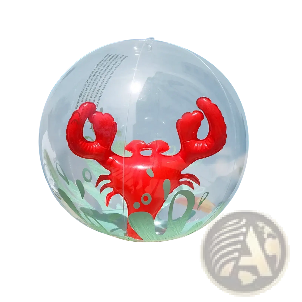 Transparent inflatable beach ball with vibrant red crab design and green seaweed accents called Glitter Mermaid inflatable