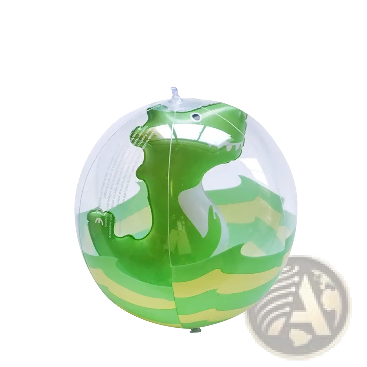 Glitter mermaid inflatable beach ball with transparent material featuring a green dinosaur with yellow stripes and clear valve