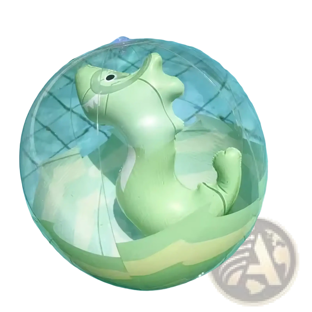 A light green inflatable dinosaur inside a transparent glitter mermaid inflatable beach ball pool toy