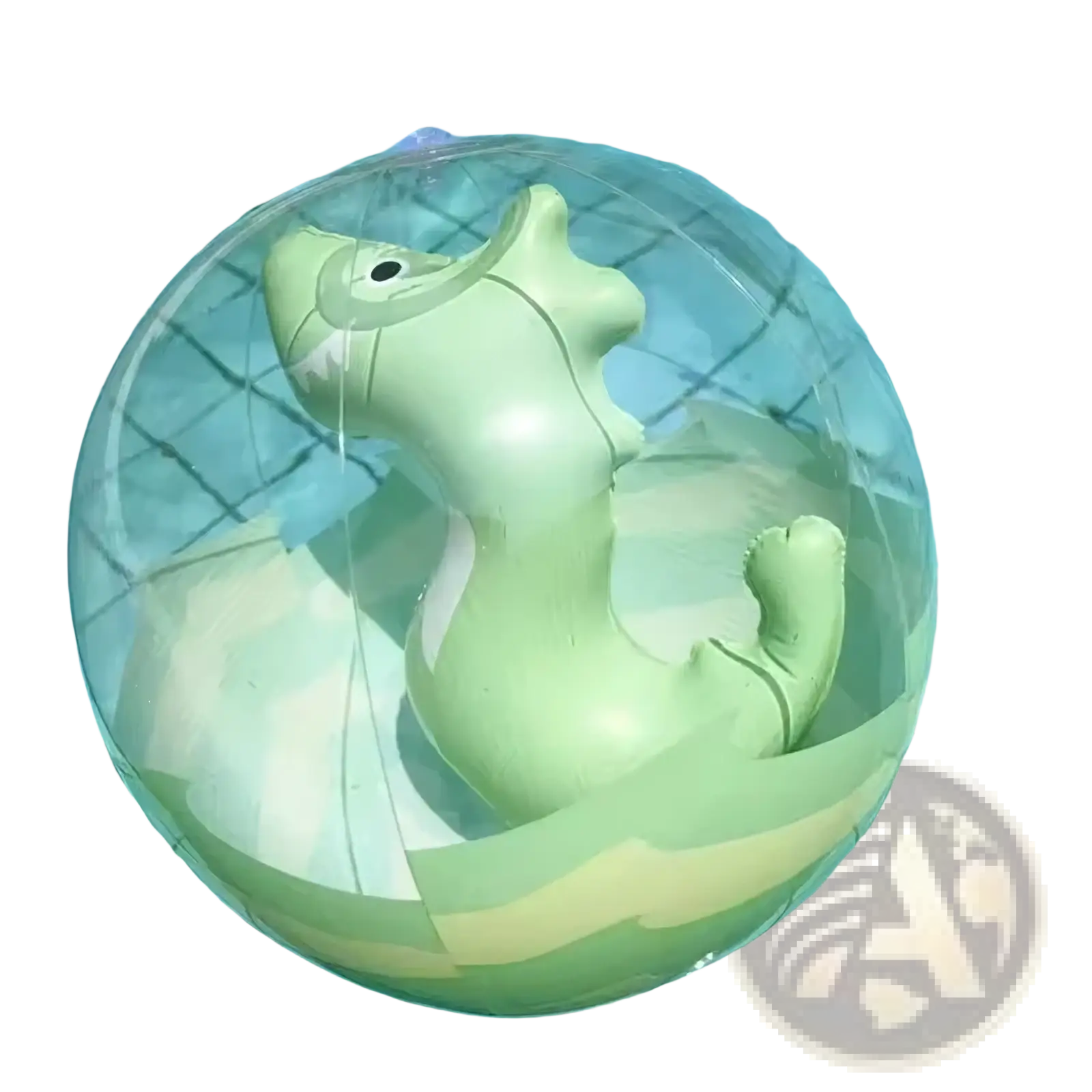 A light green inflatable dinosaur inside a transparent glitter mermaid inflatable beach ball pool toy