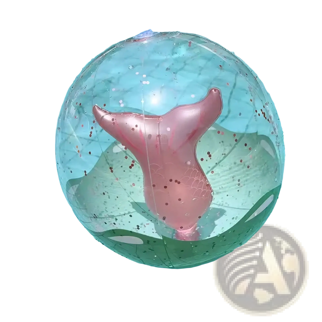 A translucent inflatable beach ball with a pink glittery mermaid tail and greenish water-like patterns inside