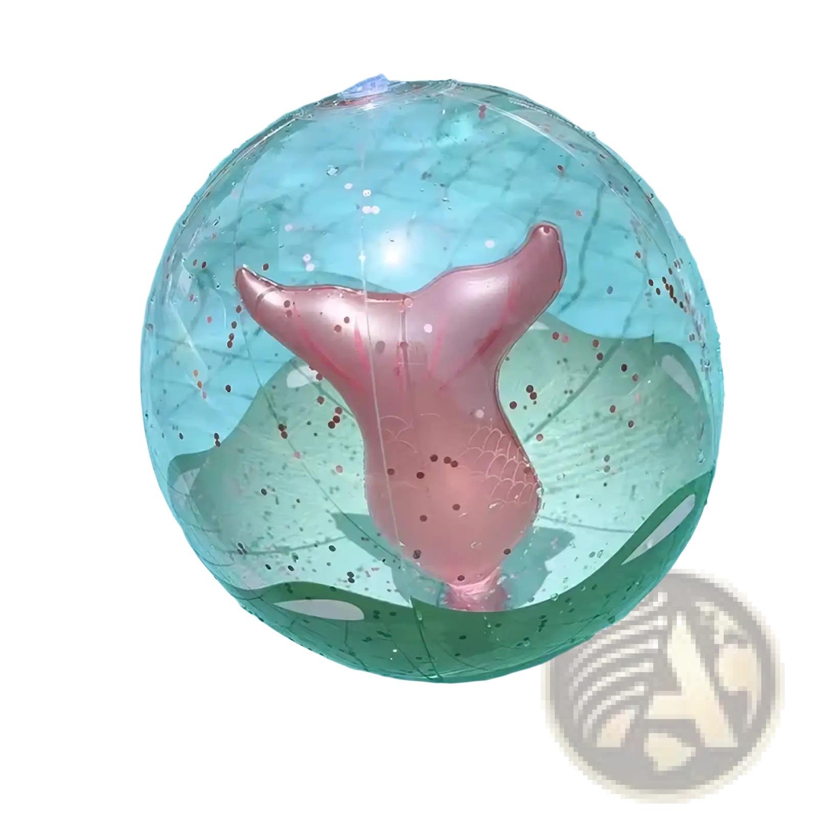 A translucent inflatable beach ball with a pink glittery mermaid tail and greenish water-like patterns inside