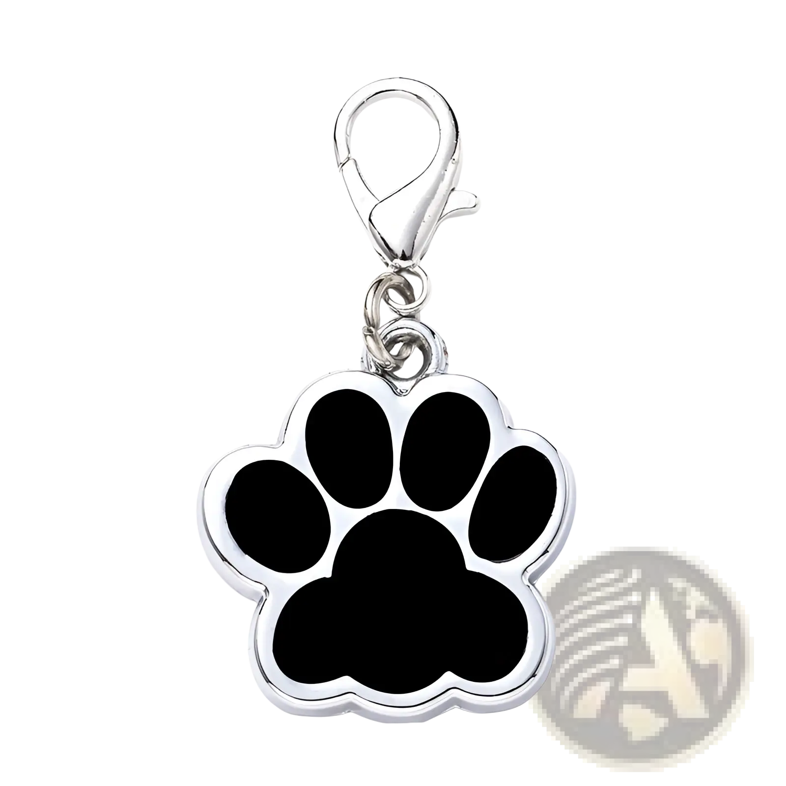 Silver glitter paw print metal dog tag charm with black enamel fill and lobster clasp for pet accessories
