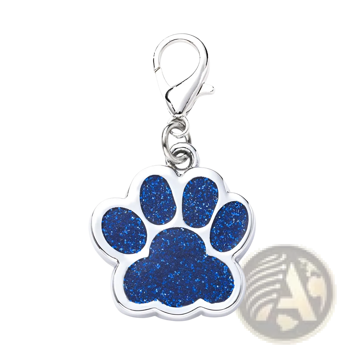 Silver glitter paw print metal dog tag with blue glitter inlay and lobster clasp for pet accessories