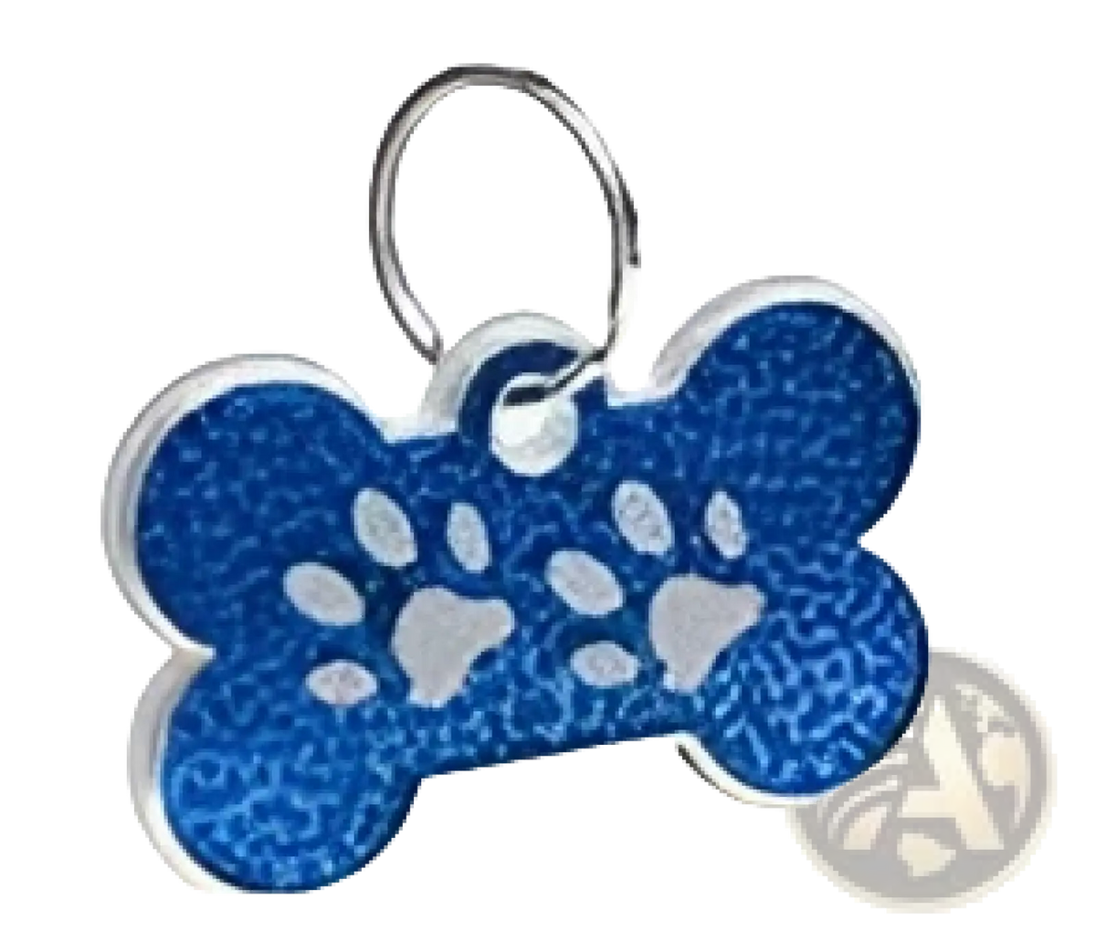 Blue glittery metal bone-shaped dog tag with white paw print cutouts for pet identification use