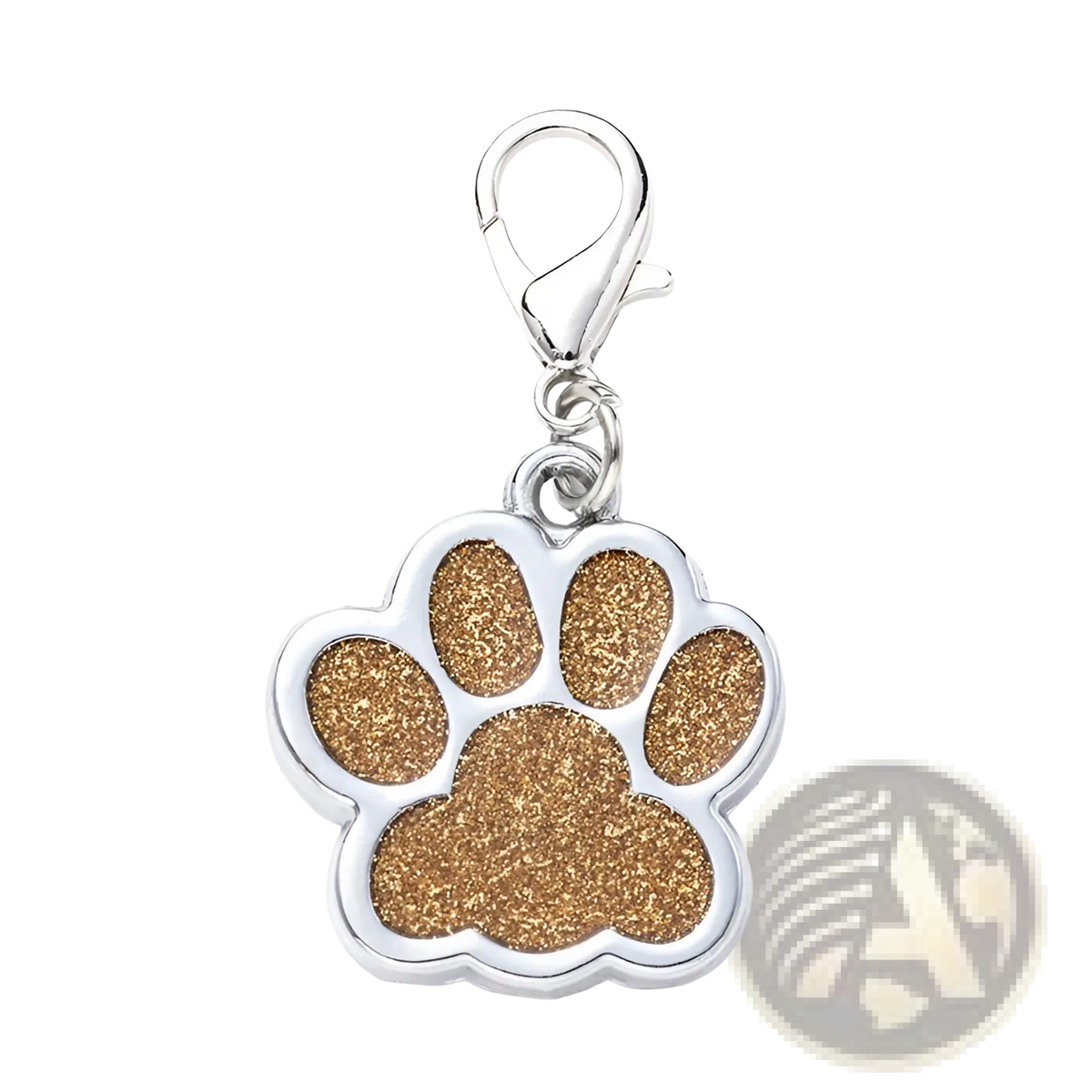 Silver glitter paw print metal dog tag with gold interior and lobster clasp for pet identification and decoration