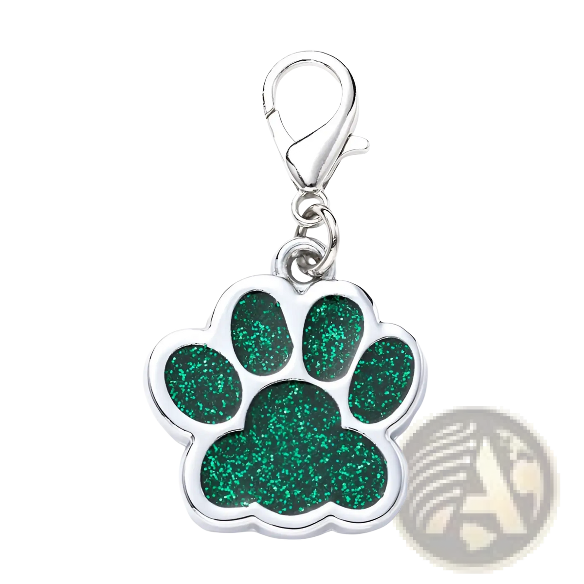 Green glitter paw print metal dog tag with a silver-toned clasp for pet identification and decoration