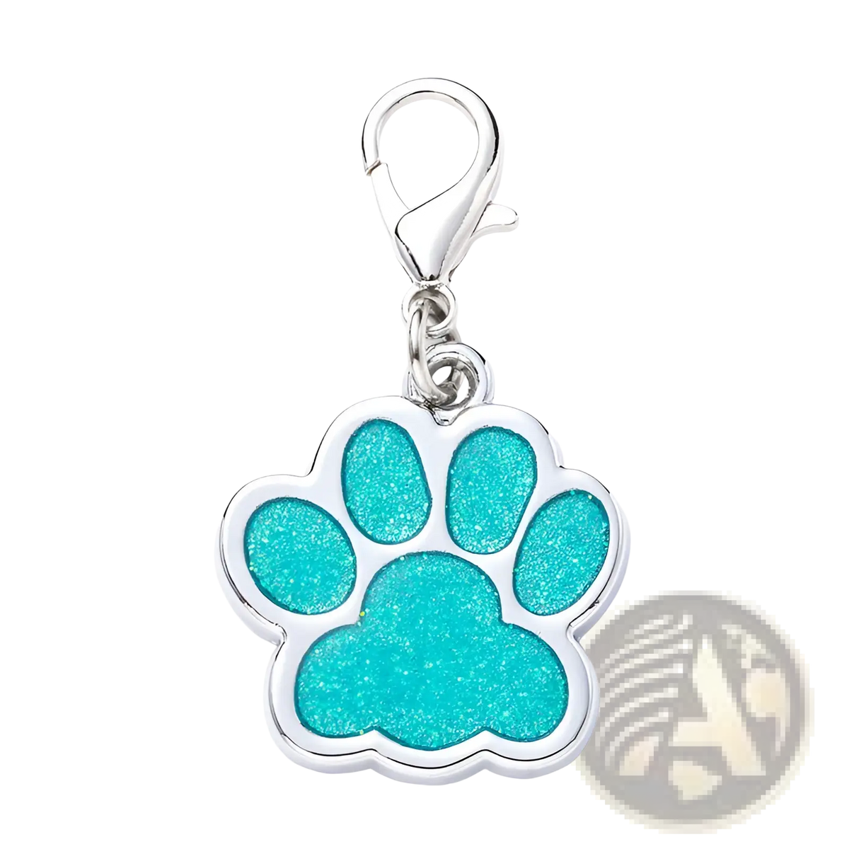 A shiny silver metal dog tag with a glittery turquoise enamel paw print charm and lobster clasp