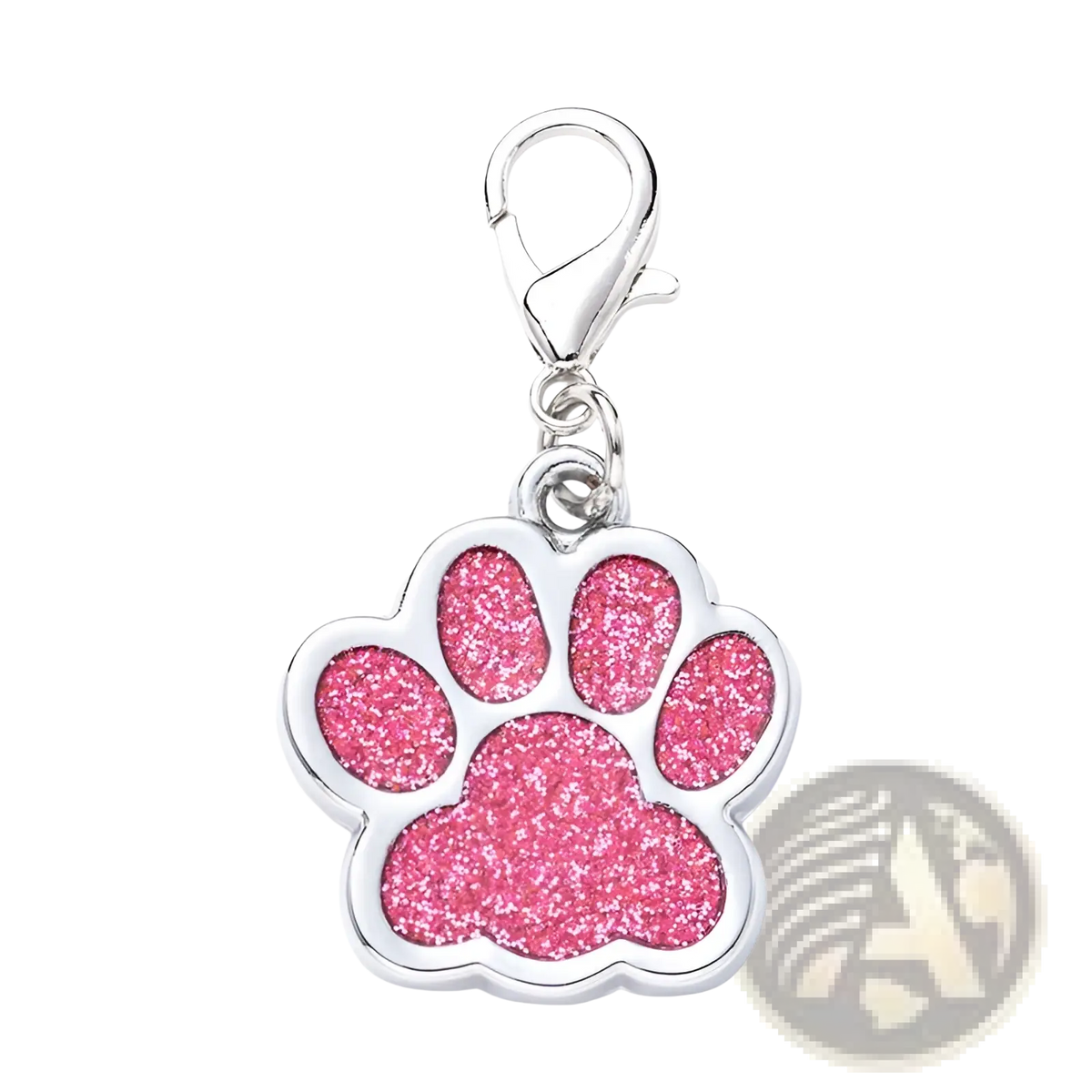 Pink glitter paw print metal dog tag charm with a silver-toned clasp designed for pet identification