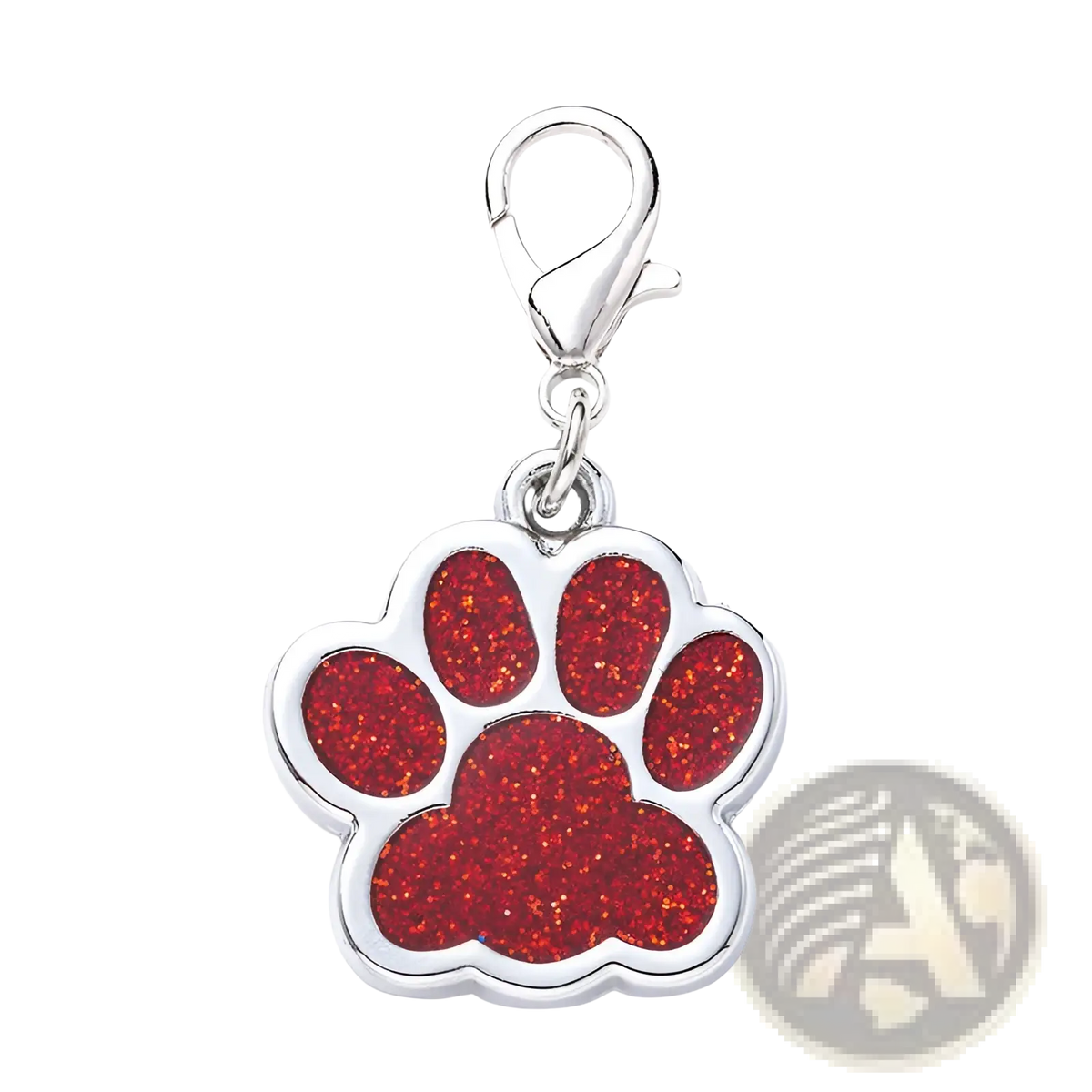 A shiny silver metal dog tag with a red glitter-filled paw print charm and a lobster clasp