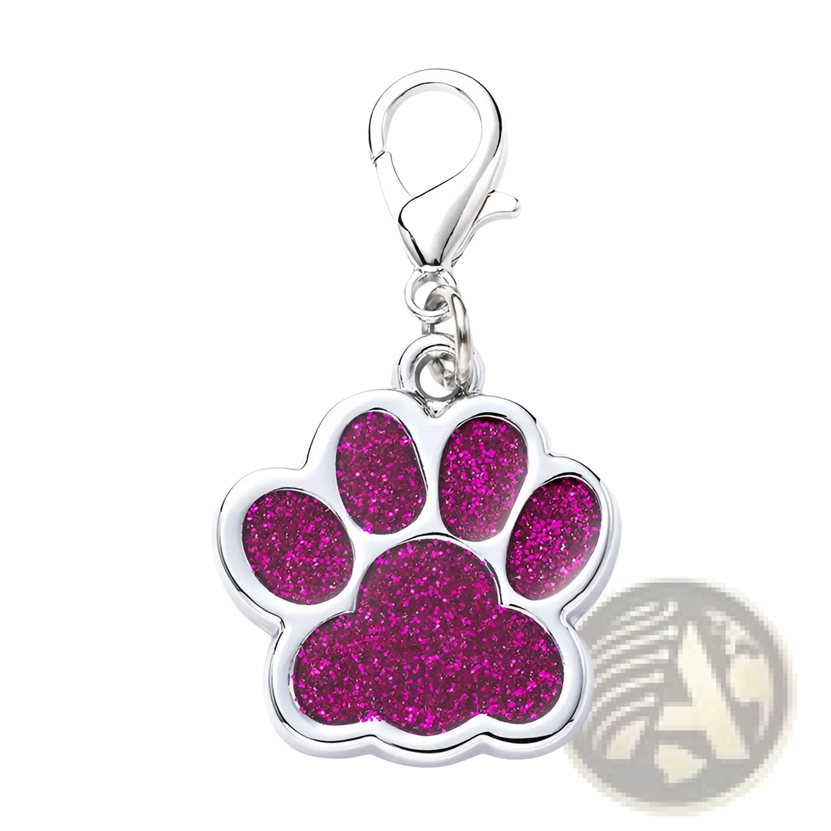A shiny silver metal dog tag glitter paw print charm with vibrant pink glitter center and a secure clasp