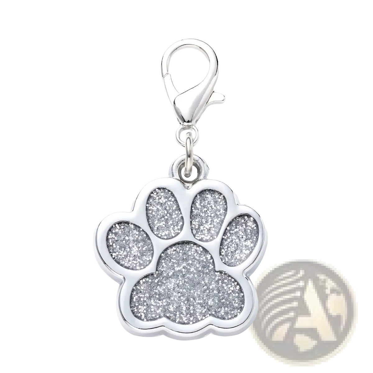 Silver metal dog tag charm with glittery paw print interior and lobster clasp for pet identification or decoration
